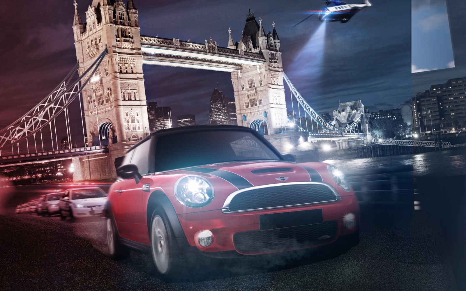 Campaign artwork of a MINI chased through London at night past Tower Bridge