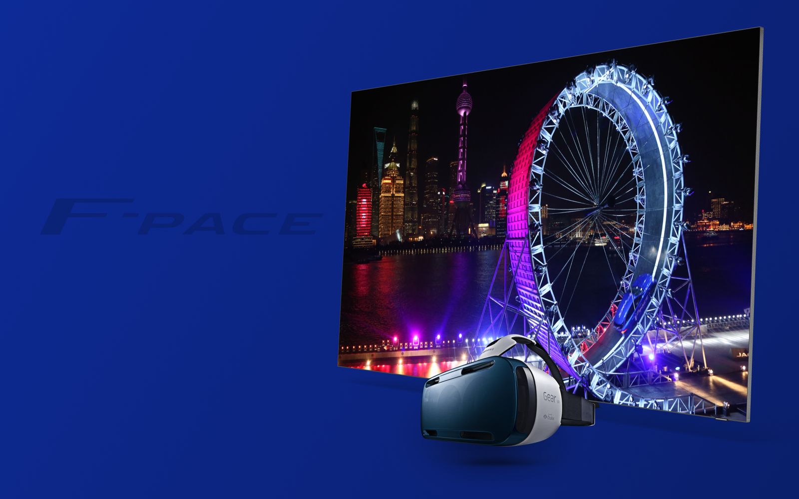 A VR headset in front of the Shanghai skyline with the lit Powerloop wheel on the Bund