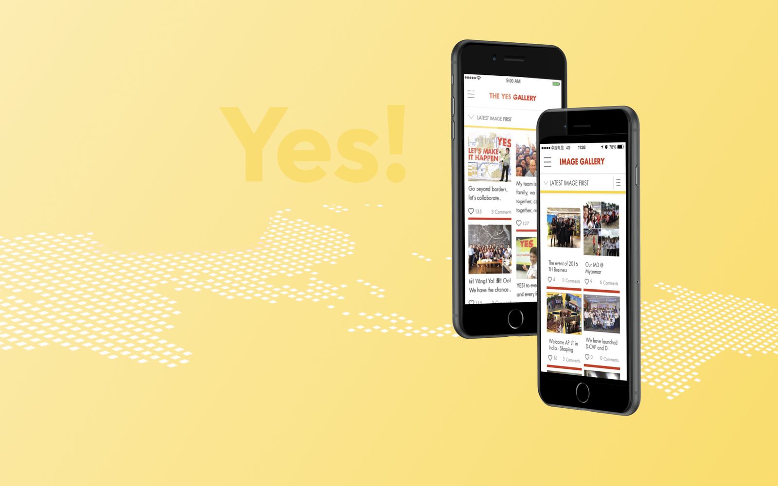 Two phones showing the YES app's story feed and image gallery on a yellow ground