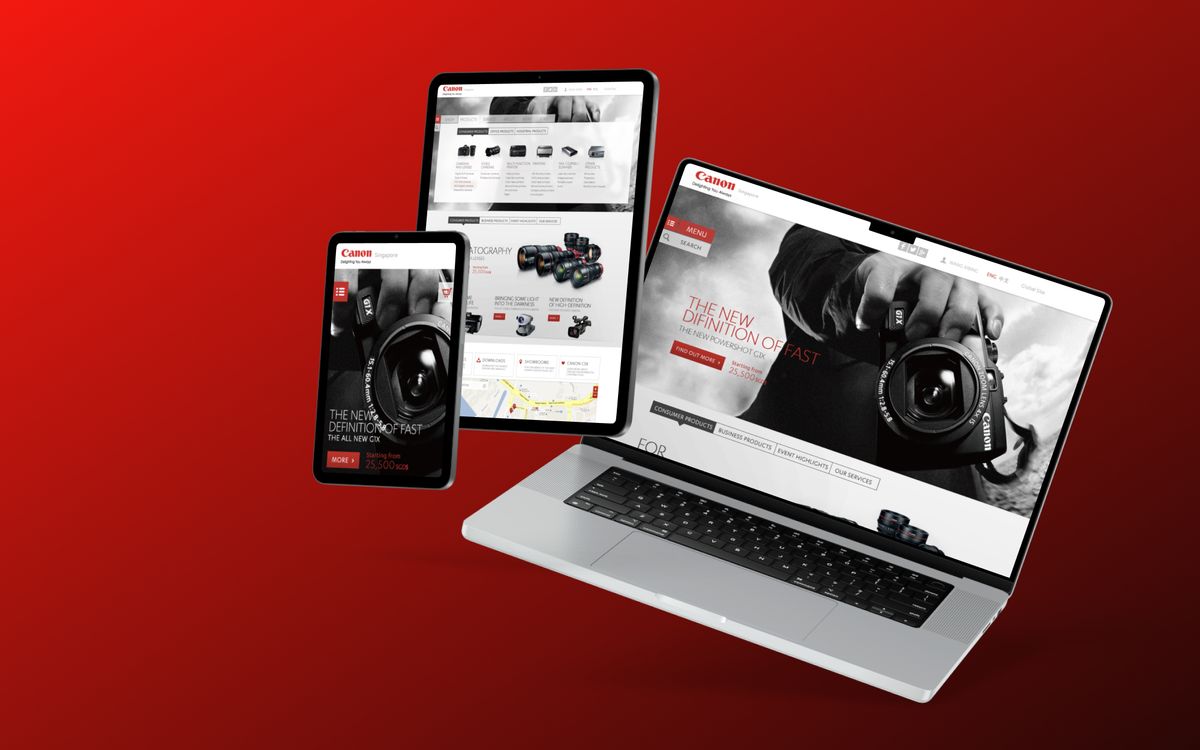 The Canon site shown on a phone, a tablet and a laptop, each adapting the same layout