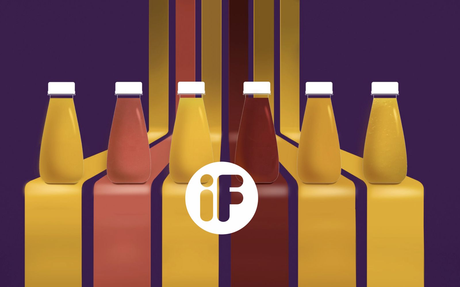 Six iF Juice bottles in a row on purple, with the brand mark in the middle