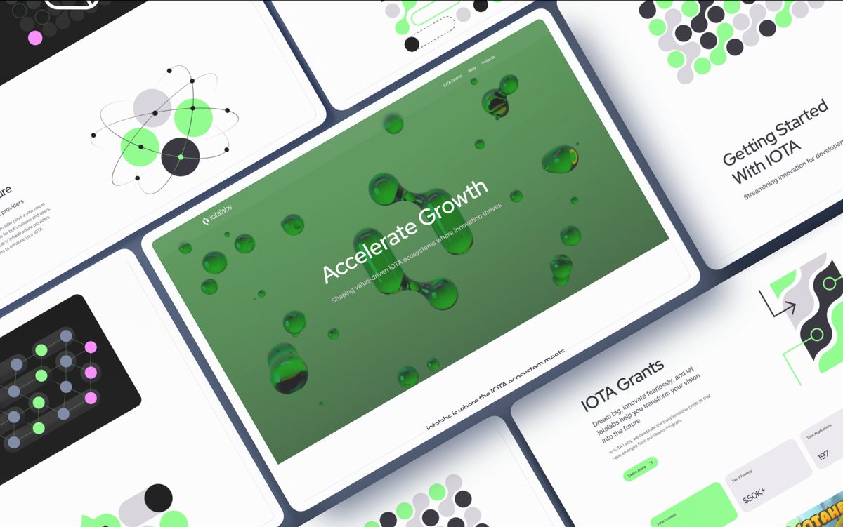 Pages of the IOTA Labs site arranged at an angle, in the green accelerator brand