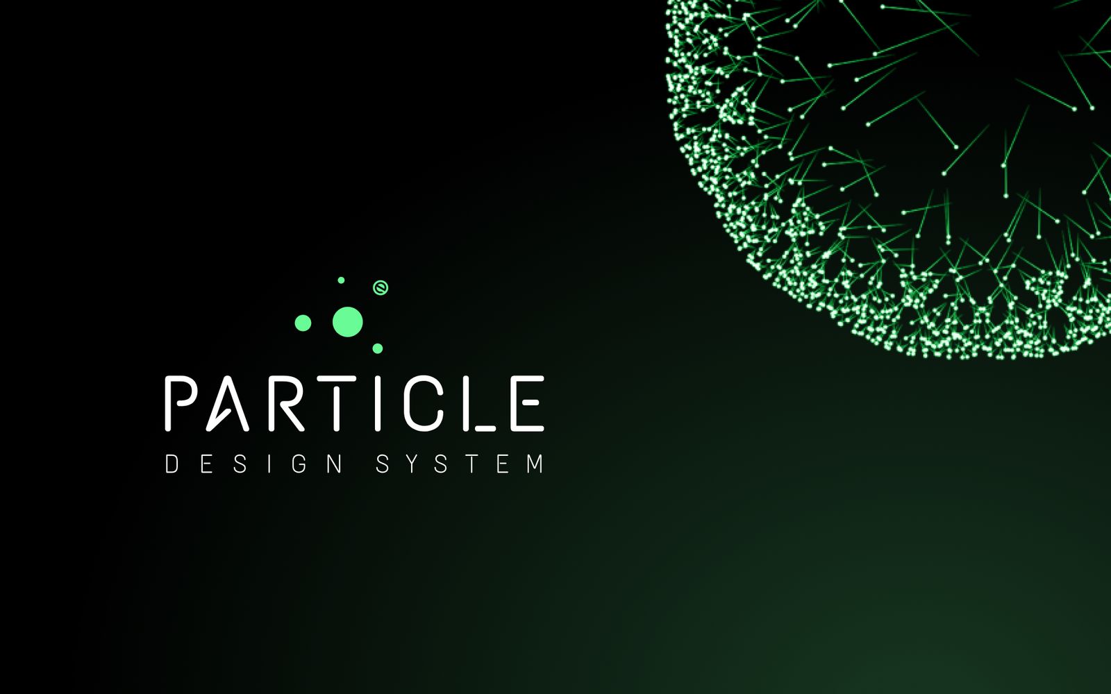 The Particle design system logo on a dark ground beside a sphere of connected particles
