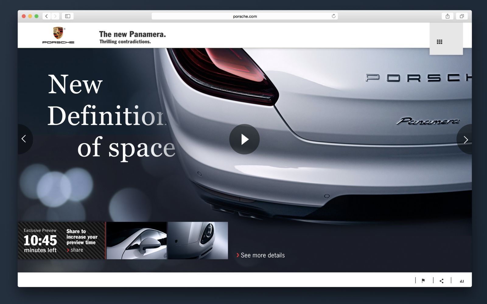The Panamera preview site, with a countdown showing how many preview minutes are left