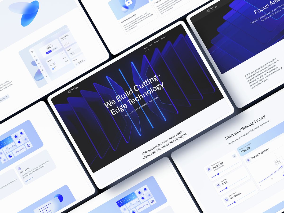 Many pages of the redesigned IOTA website arranged at an angle, from the home page to staking and product pages