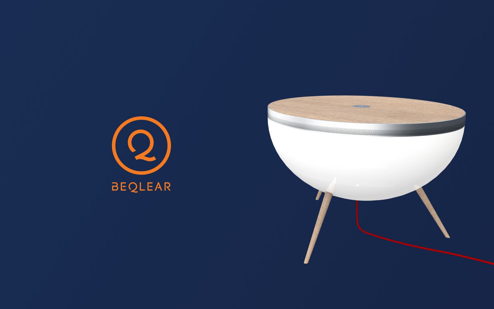 The Beqlear logo beside the air purifier, a white bowl with a wooden top on three legs