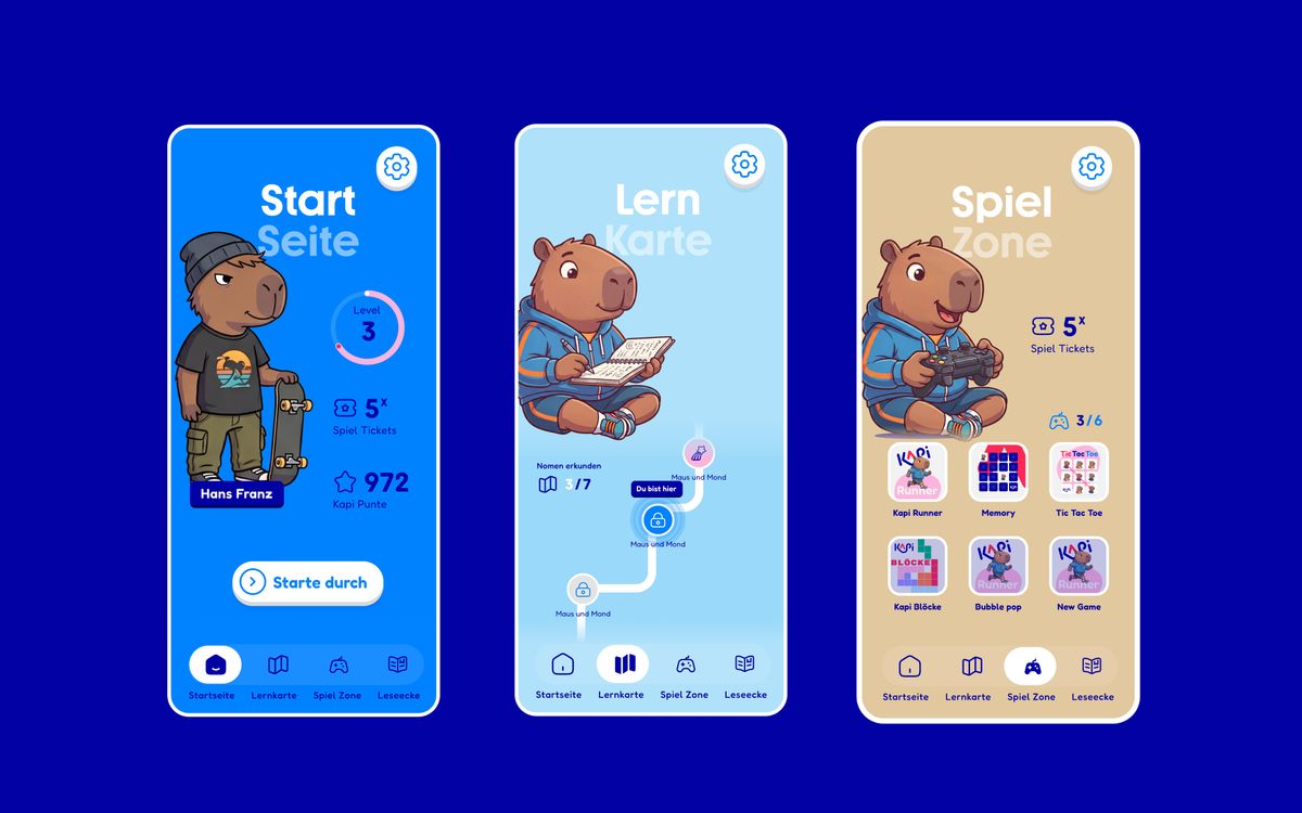 Three Kapi phone screens: the home screen with the child's character, level and points, the learning map, and the play zone with its mini-game tiles