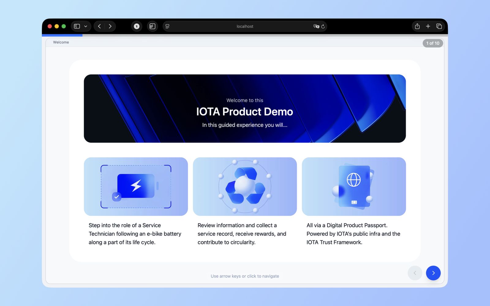 Welcome screen of the IOTA product demo, with three cards explaining the role, the task and the Digital Product Passport