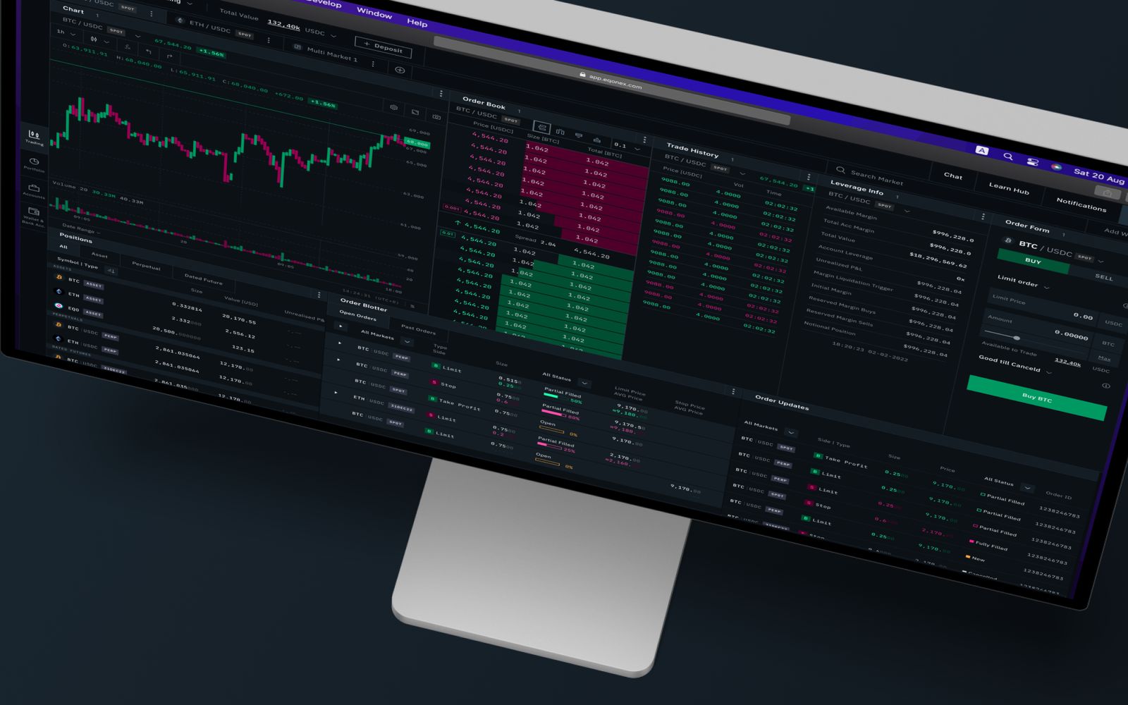 The trading platform on a large monitor, with chart, order book, trade history, leverage info and order form