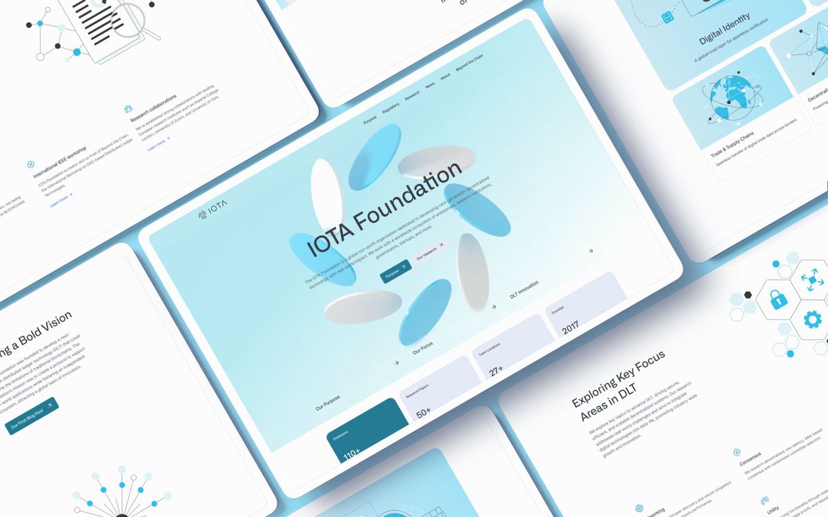 Pages of the IOTA Foundation site arranged at an angle, in the lighter blue theme of the foundation brand