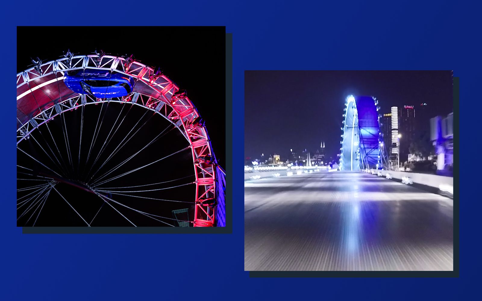 The illuminated wheel at night, and the empty road leading up to it
