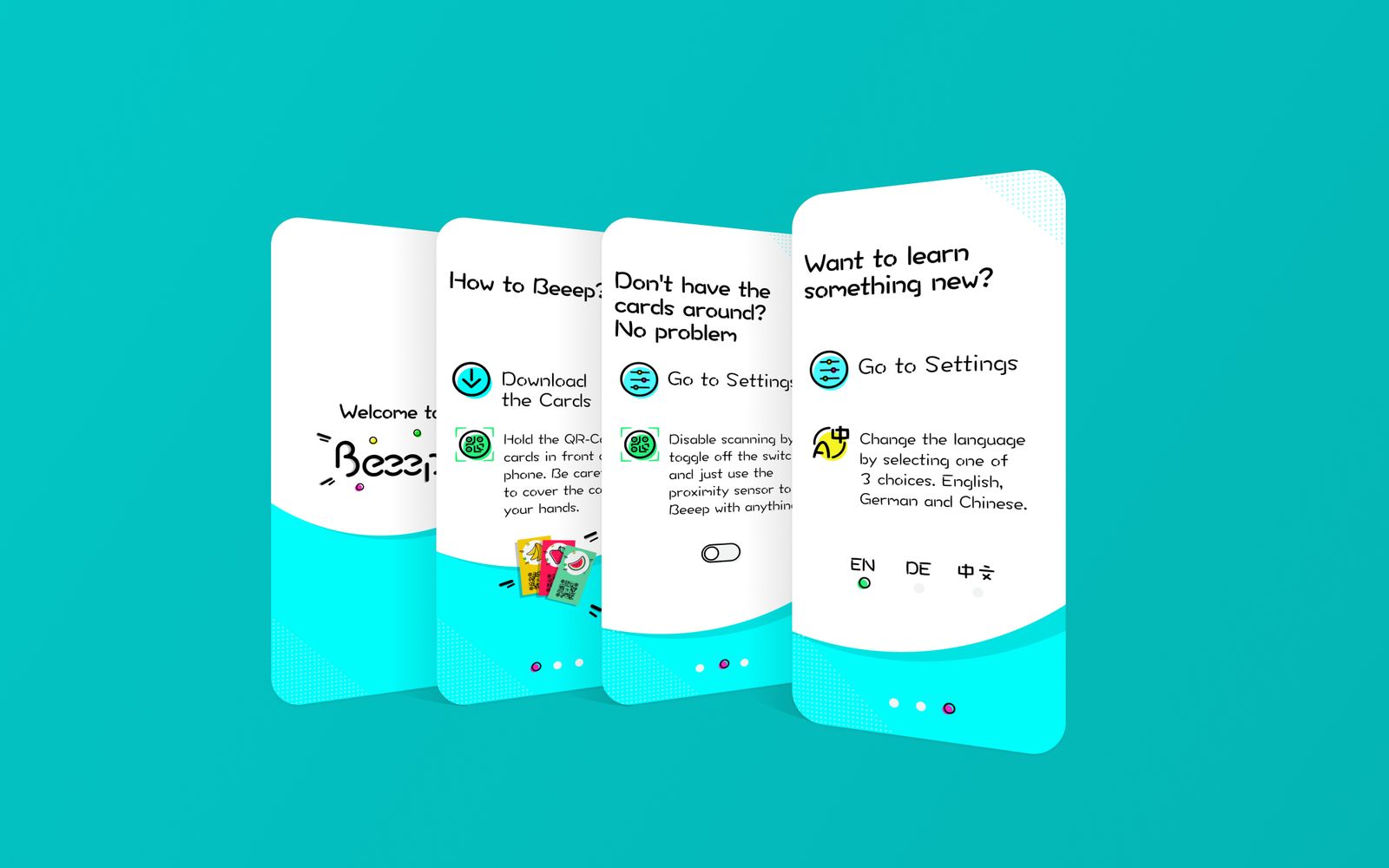 The onboarding screens explaining how to Beeep, playing without cards and changing the language