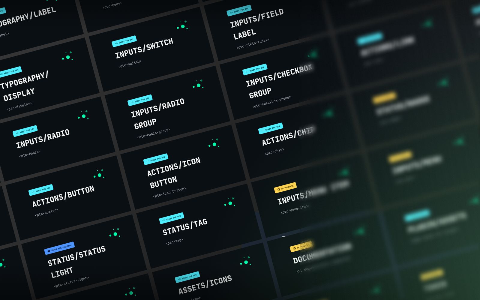 The component library in Figma, page after page of inputs, actions, status and asset components