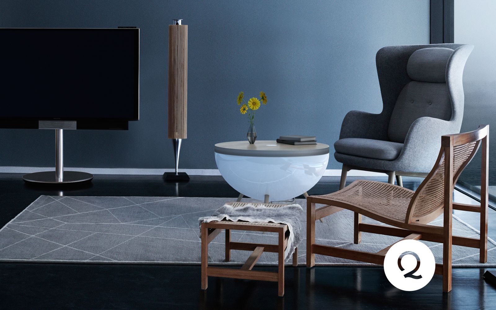 The purifier in a living room, used as a side table beside an armchair