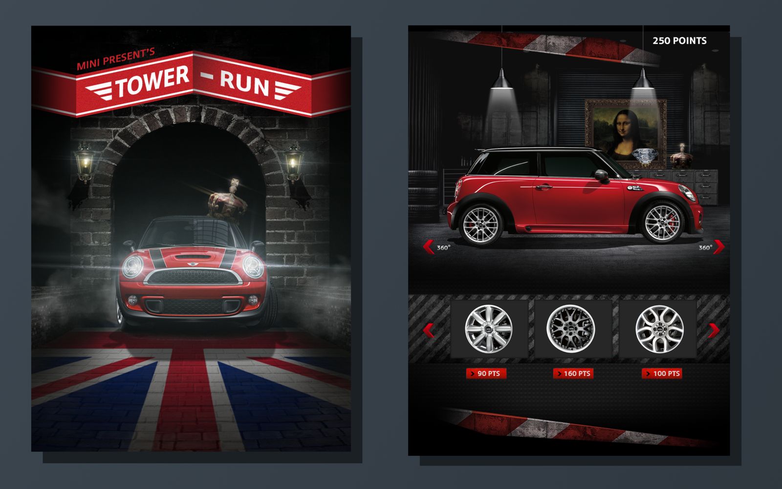 The game's title screen and the garage, where wheels are bought with points