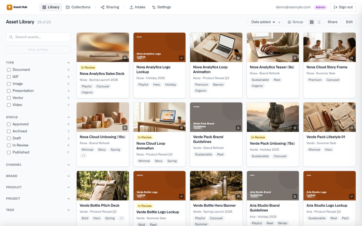 Asset library with faceted search and filters