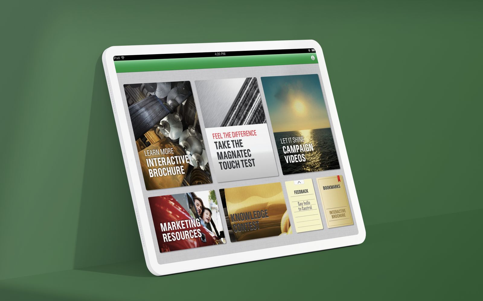 The app's home screen on a tablet, with tiles for the brochure, the touch test, videos, marketing resources and the knowledge contest
