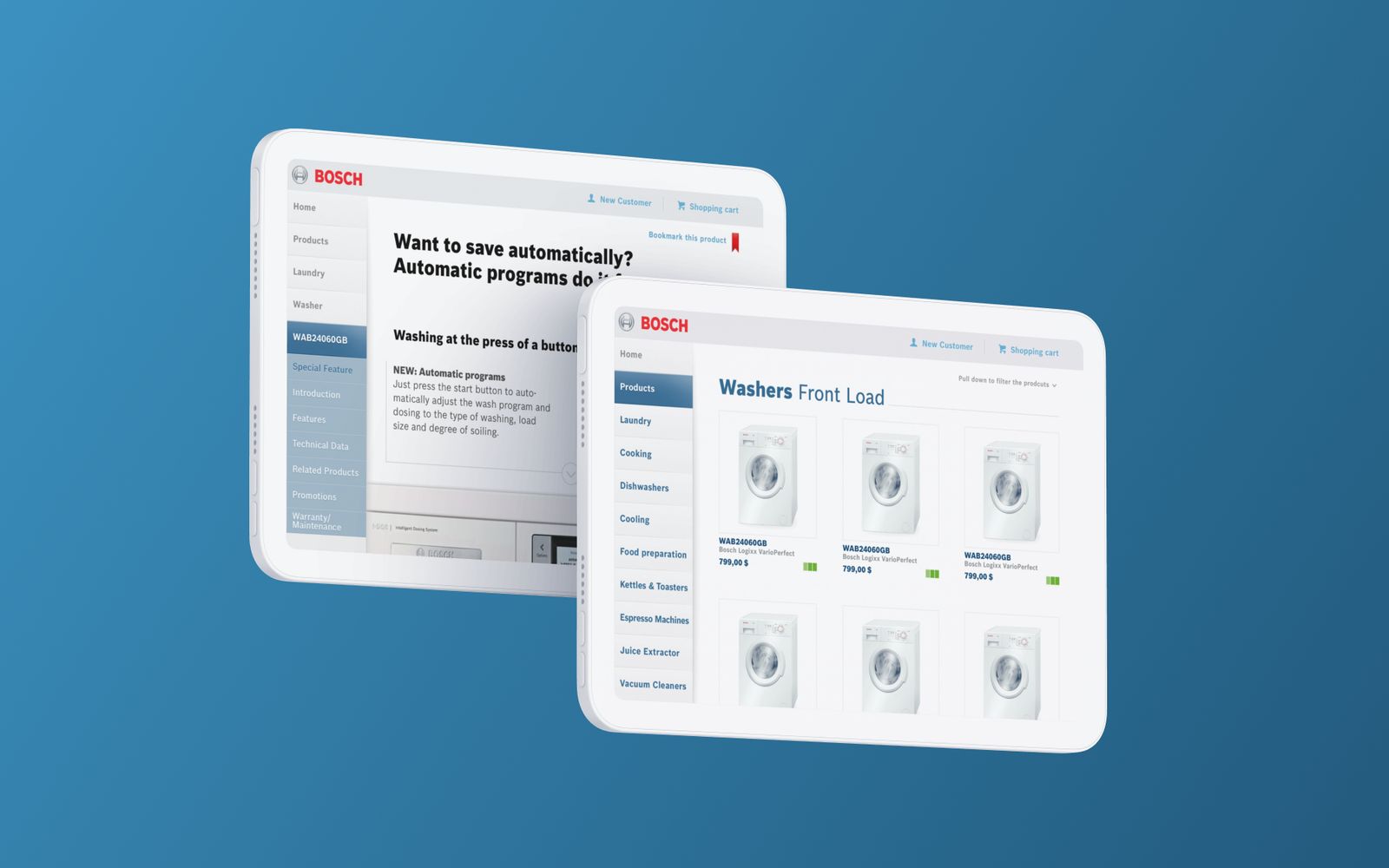 The product catalogue on tablets, browsing washers and a product detail page