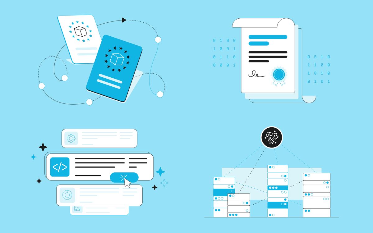Illustration set for the foundation brand, with digital passports, a signed certificate, a content editor and a distributed ledger
