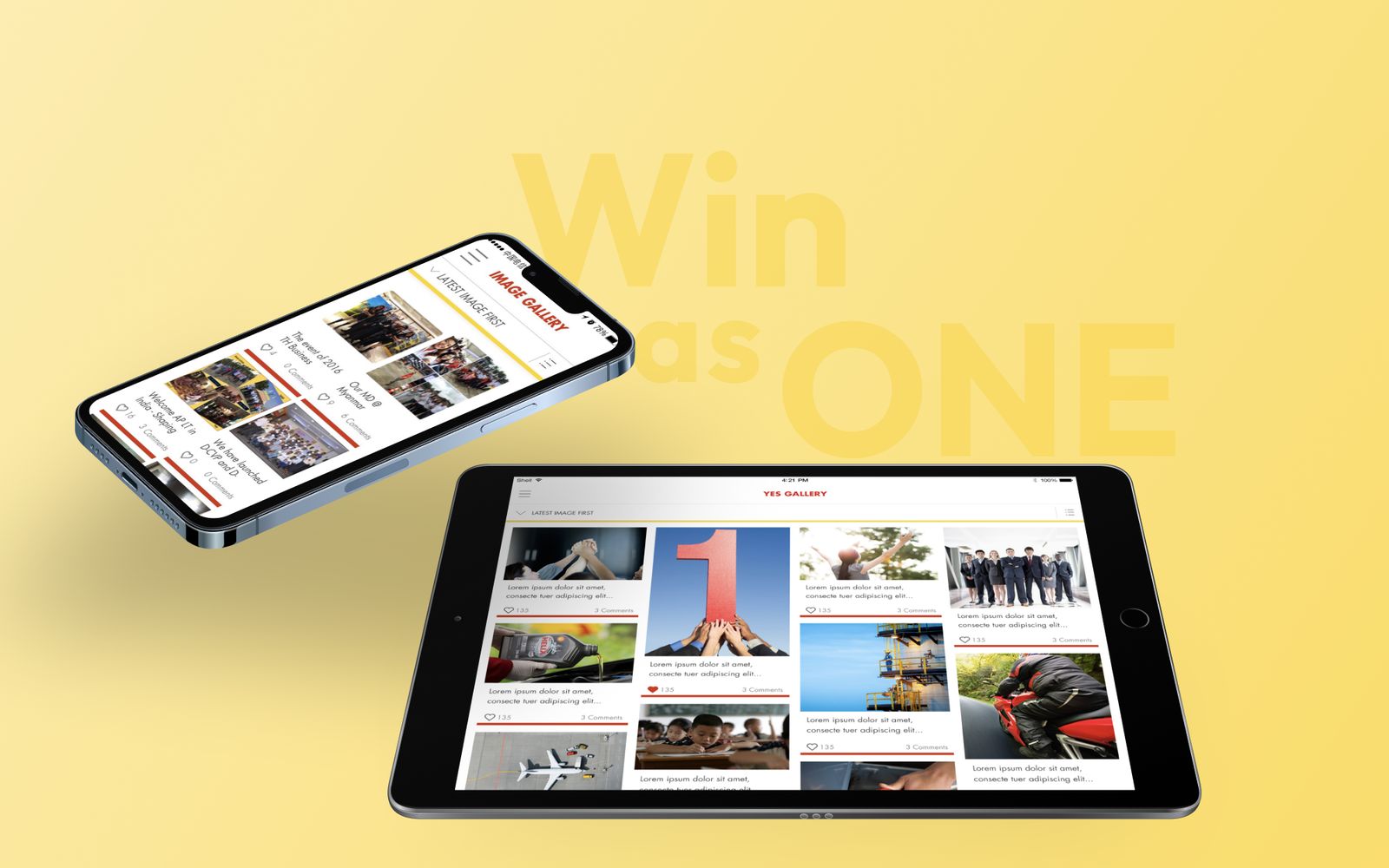 Phone and tablet showing the gallery, under the campaign line "Win as One"