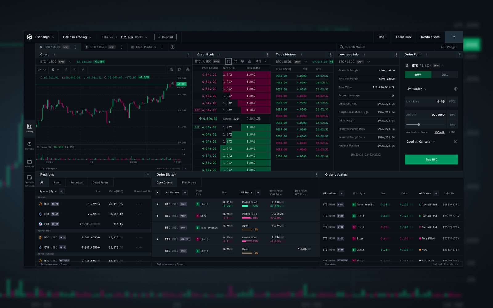 The full trading interface, with modules arranged across chart, order book, positions and order updates