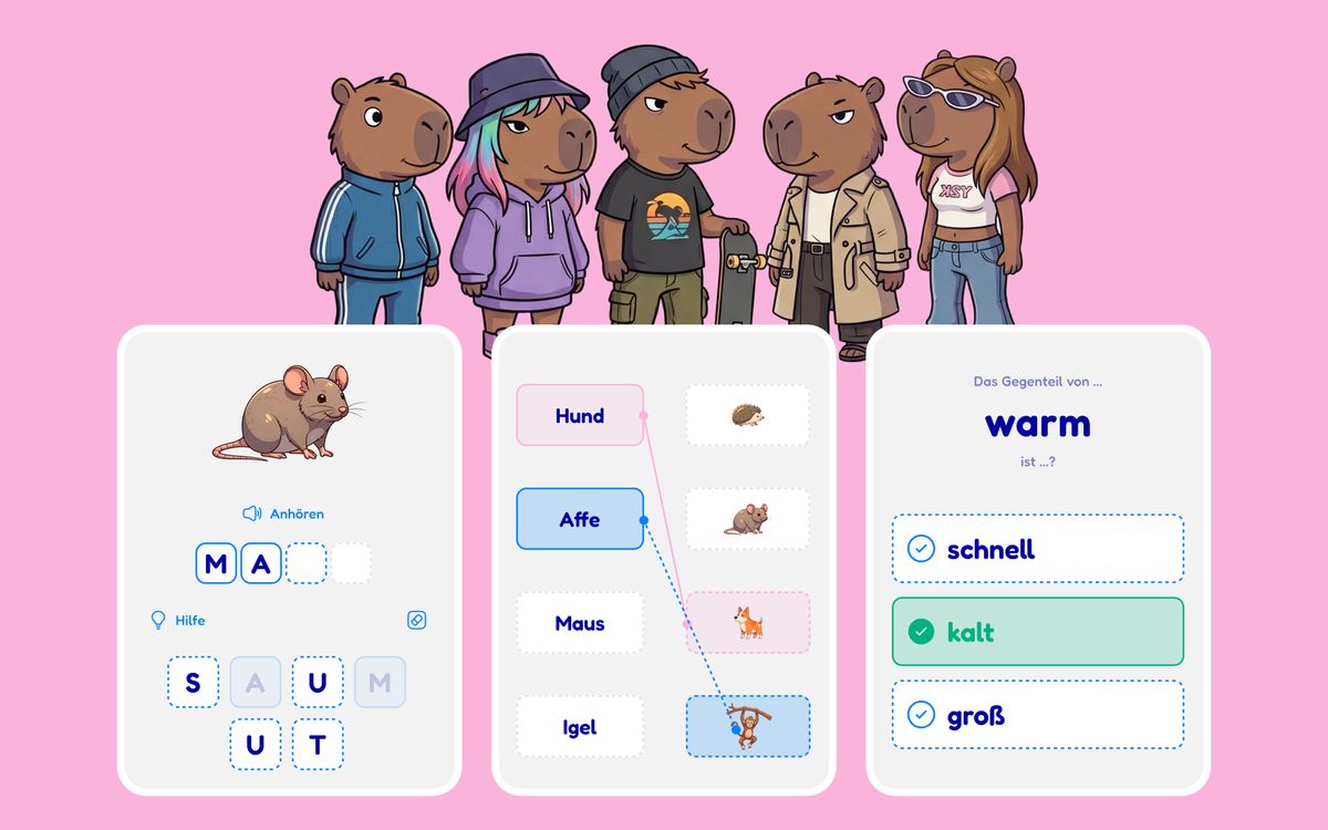 The cast of Kapi characters above three exercise cards: building a word from letter tiles, matching words to pictures, and choosing an opposite