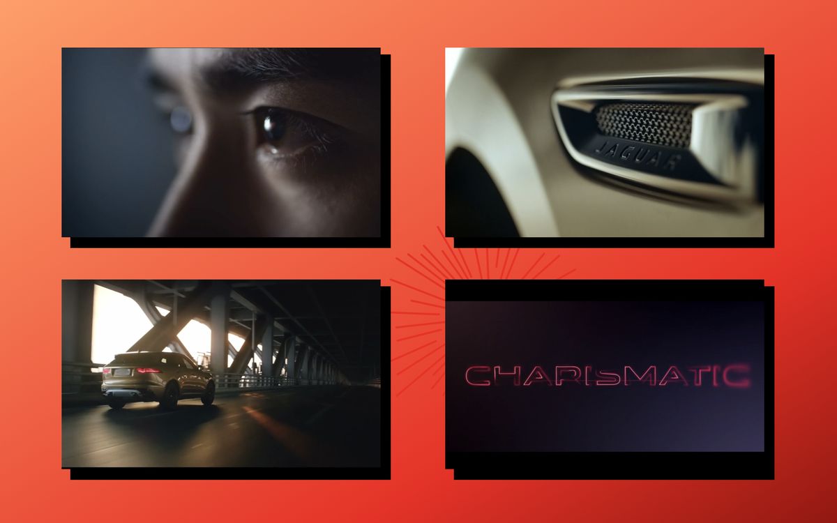 Frames from the charismatic chapter, an eye, a grille detail, the car under a bridge, and the animated title