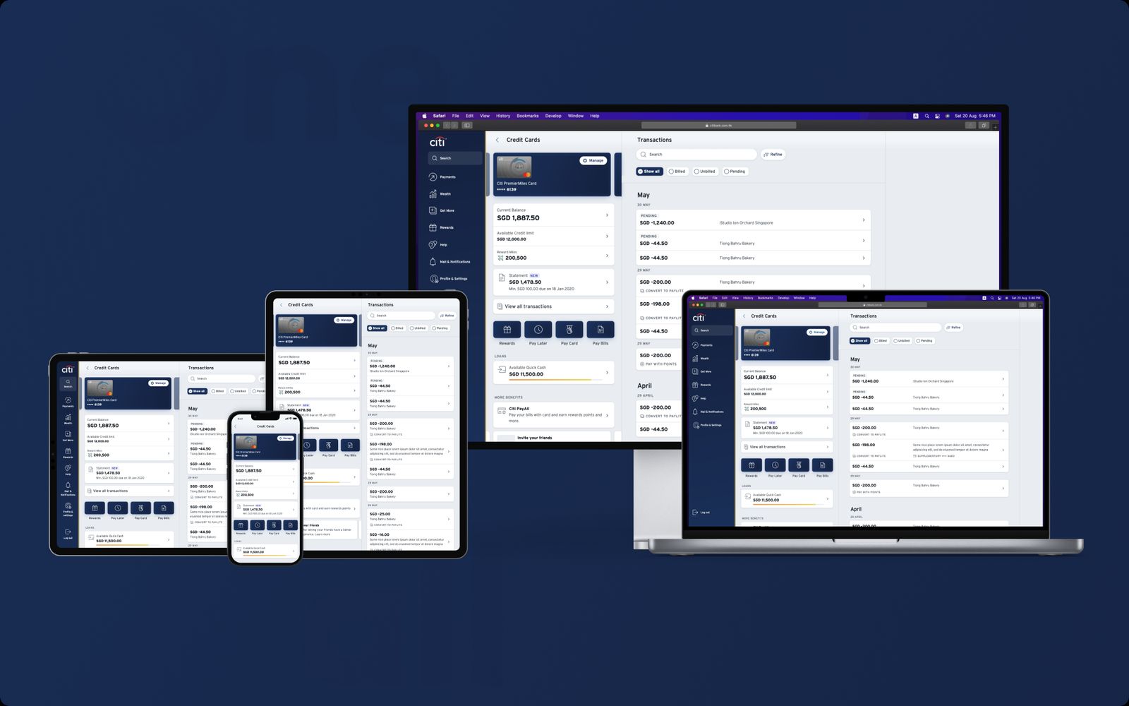 The same account overview on a phone, a tablet, a laptop and a large display