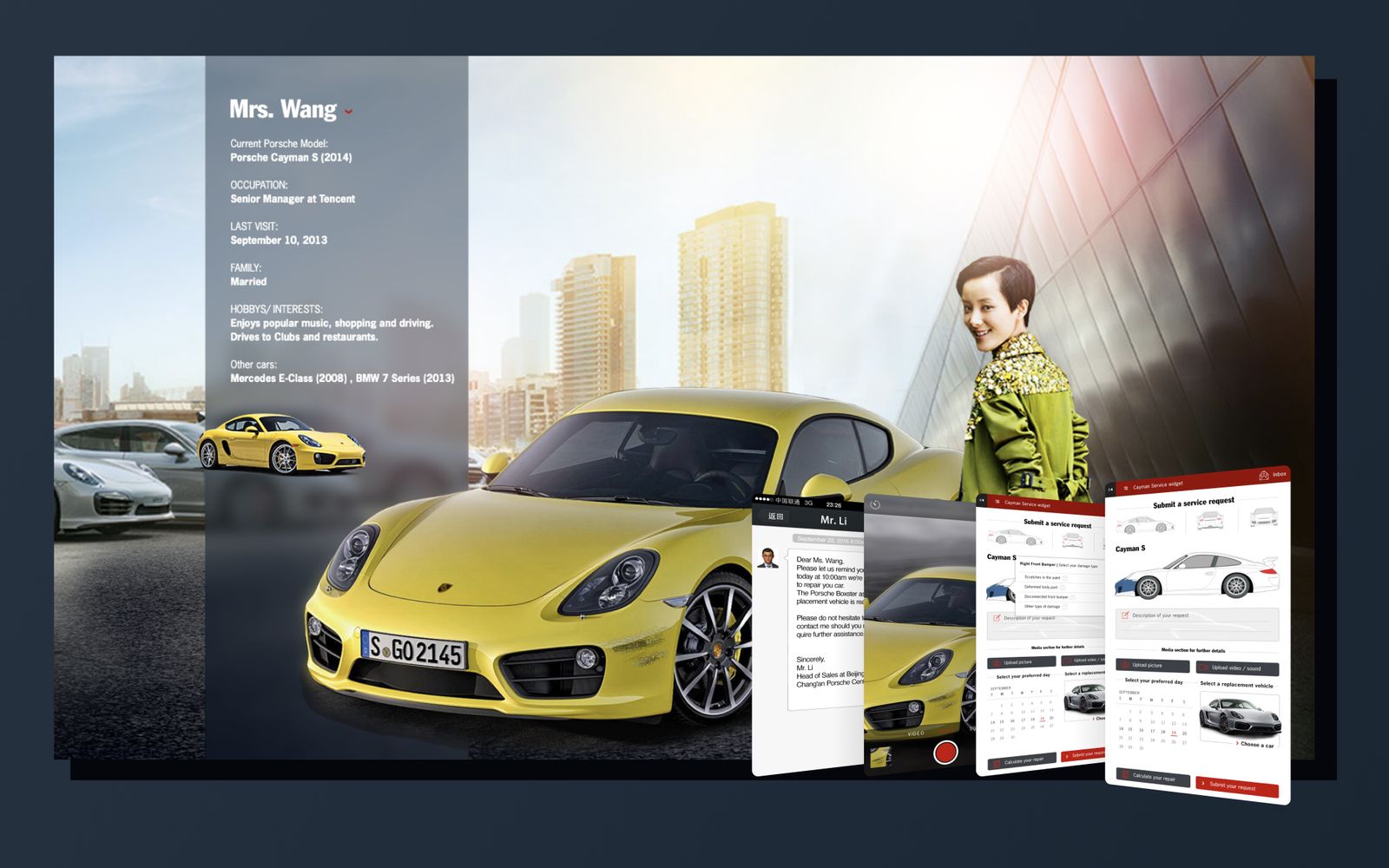 A customer profile for Mrs Wang beside service request screens on phones