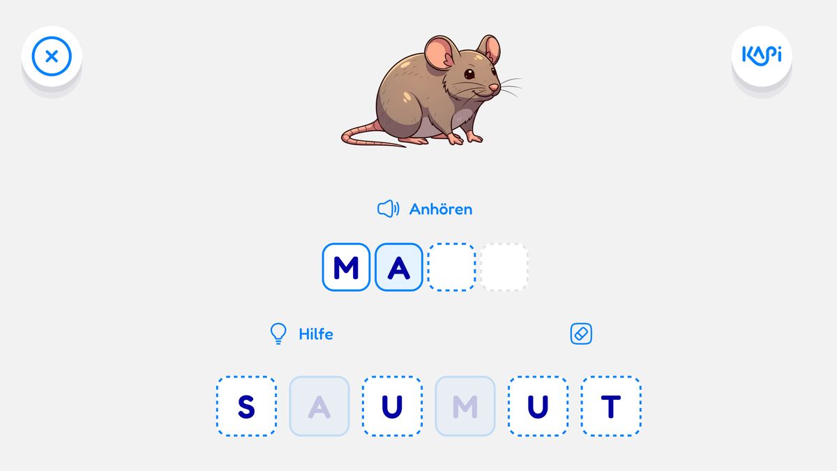 A spelling exercise: a mouse, a listen button, two letters placed and two slots empty, with a letter bank and a hint below