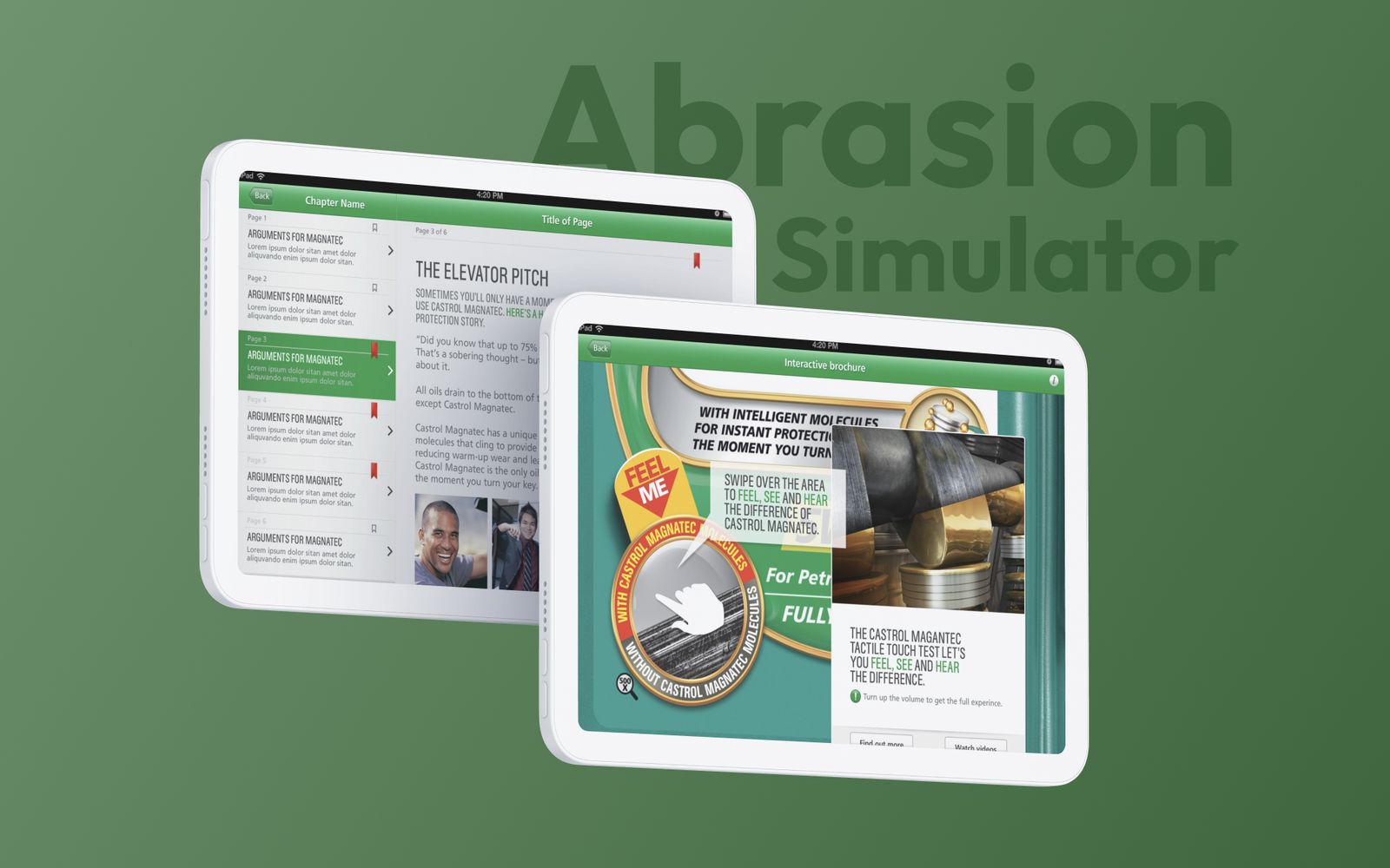 The knowledge centre with its elevator pitch beside the interactive brochure and abrasion simulator