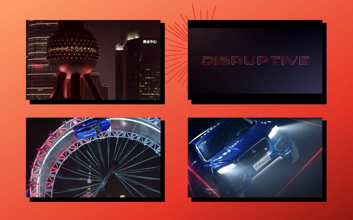 Frames from the disruptive chapter, the Shanghai skyline, the lit wheel and the car in a laser course
