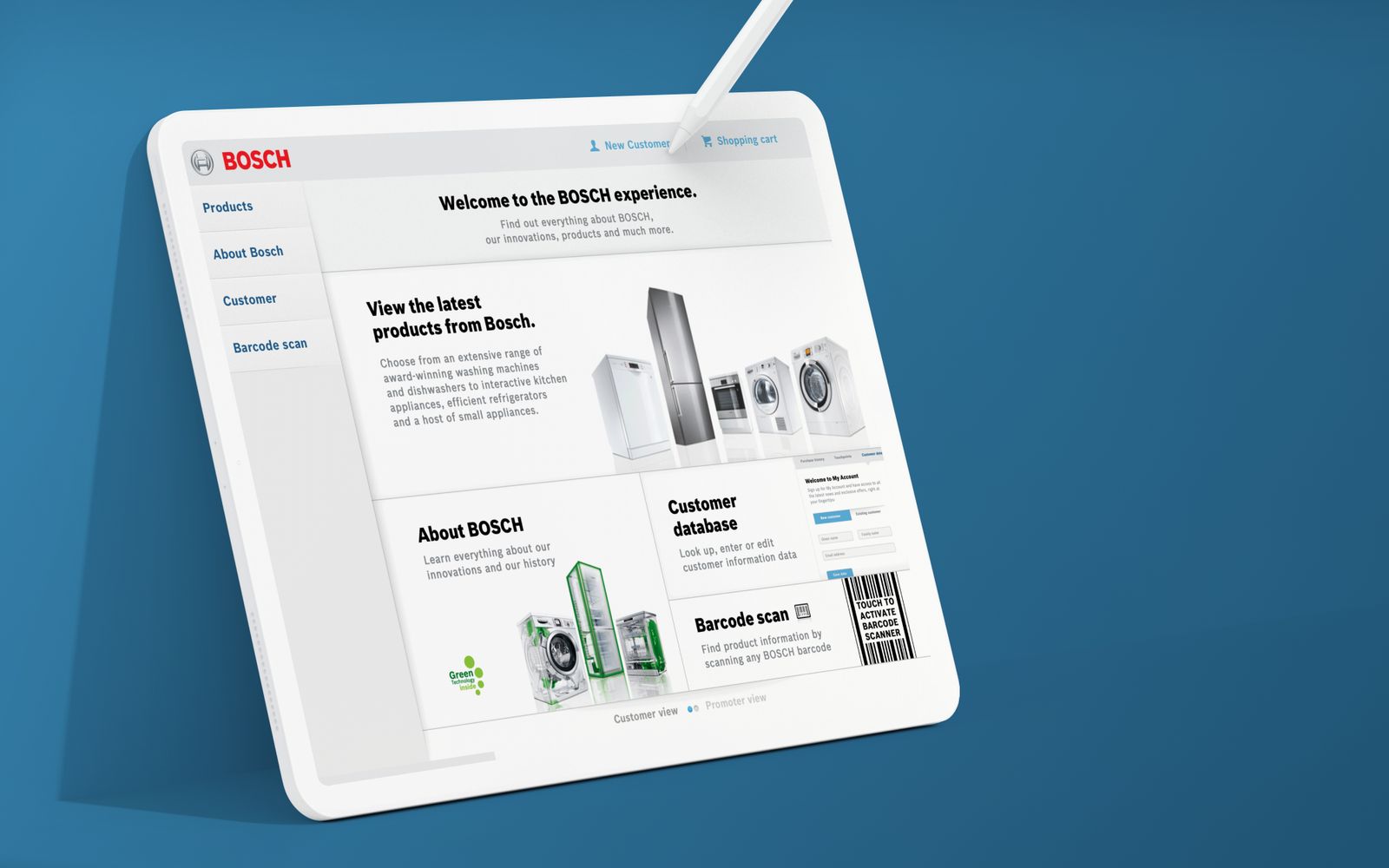 The home screen with products, about Bosch, customer database and barcode scan, switching between customer and promoter view