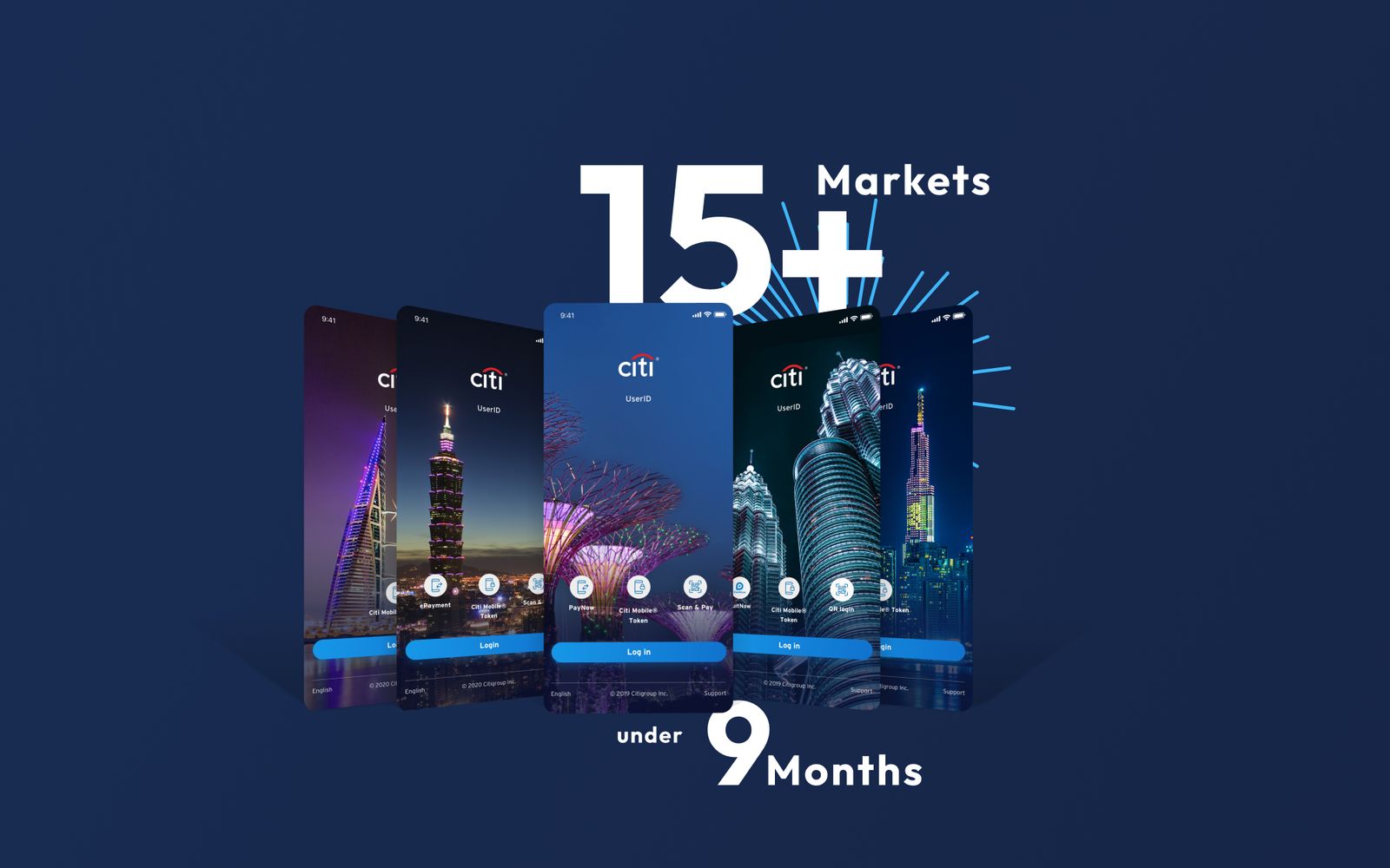 Five Citi login screens for different Asian markets, each with its own skyline