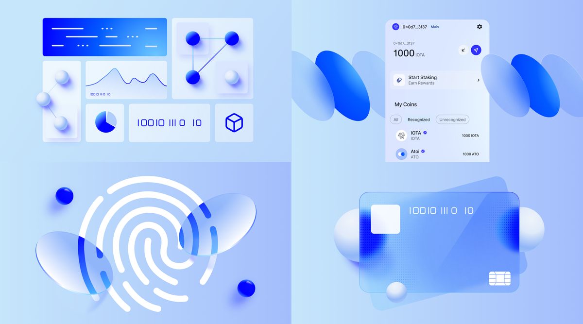 Illustration set for the site, with dashboards, a wallet, a fingerprint and a payment card in the blue brand style