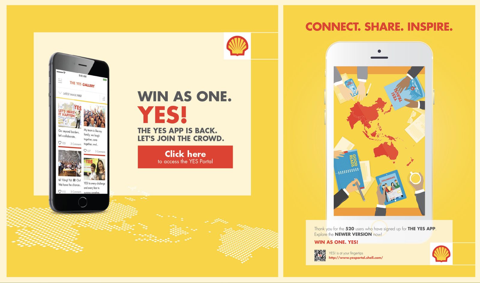 Launch communication for the app, a promotional banner and a campaign graphic reading Connect, Share, Inspire