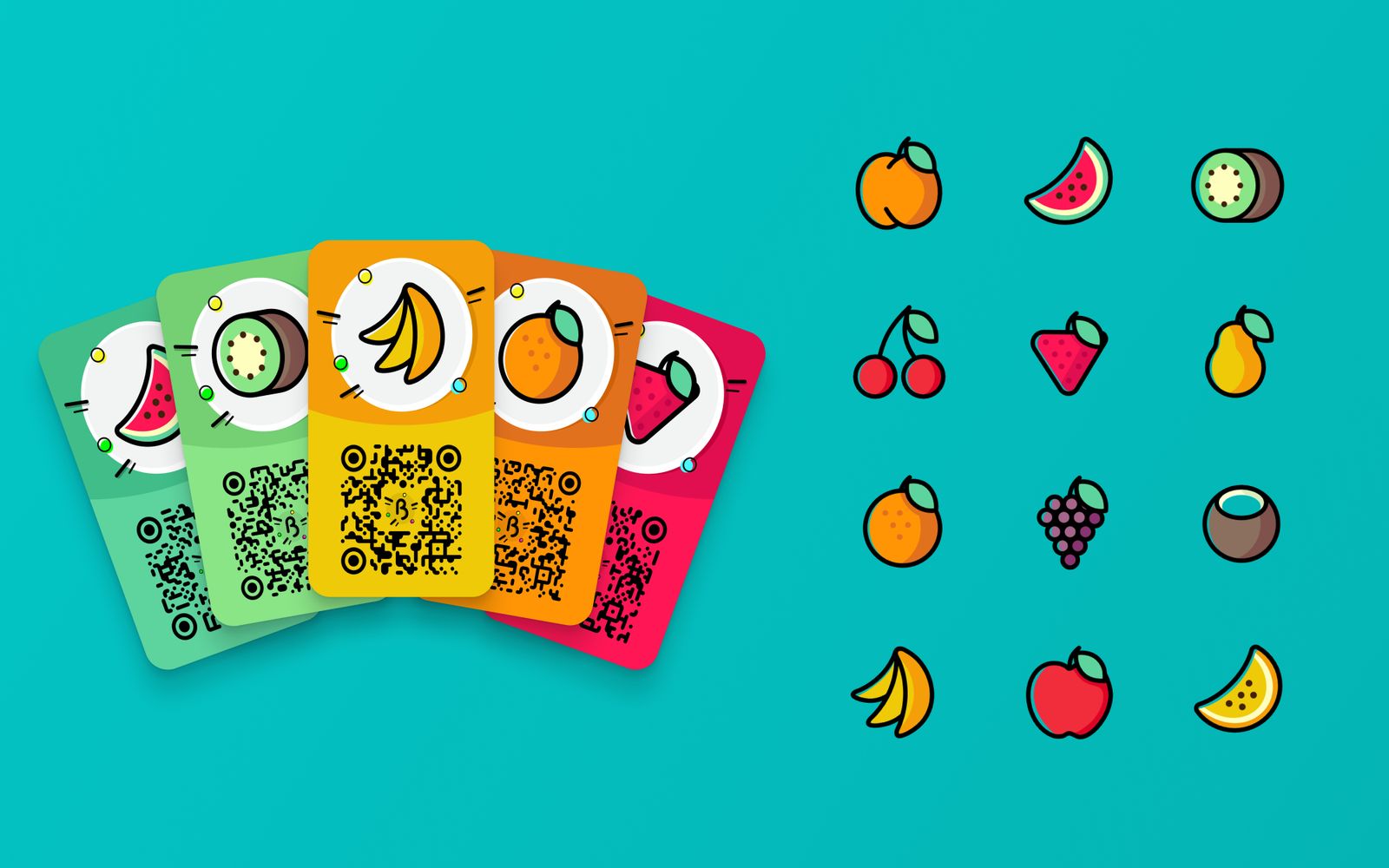 Printable fruit cards with QR codes, beside the icon set drawn for the products