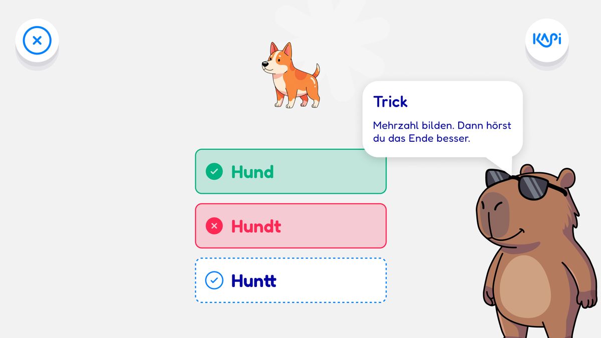 One answer marked correct and one marked wrong, with the Kapi character offering a trick in a speech bubble
