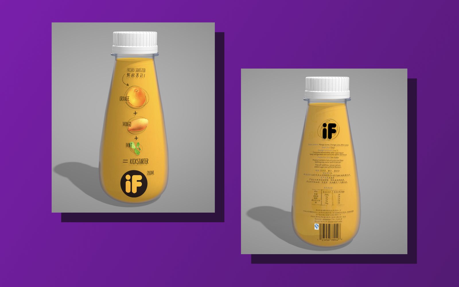 A recipe-style label spelling out orange plus mango plus mint, and the back of the bottle
