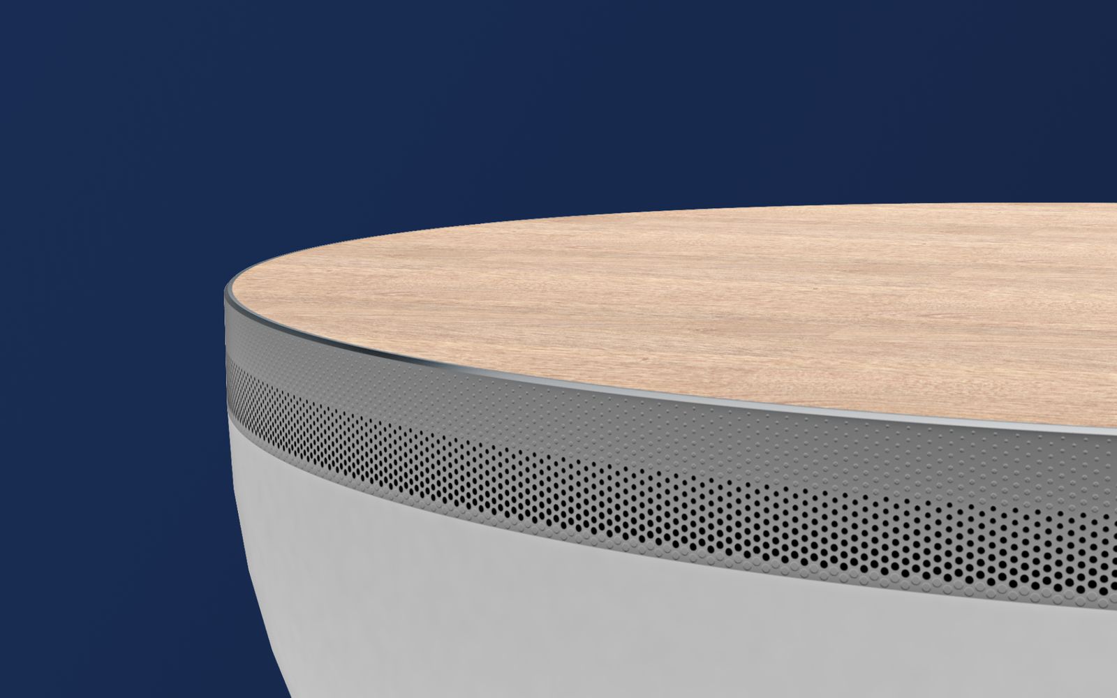 Close up of the rim, where the perforated intake band meets the wooden top