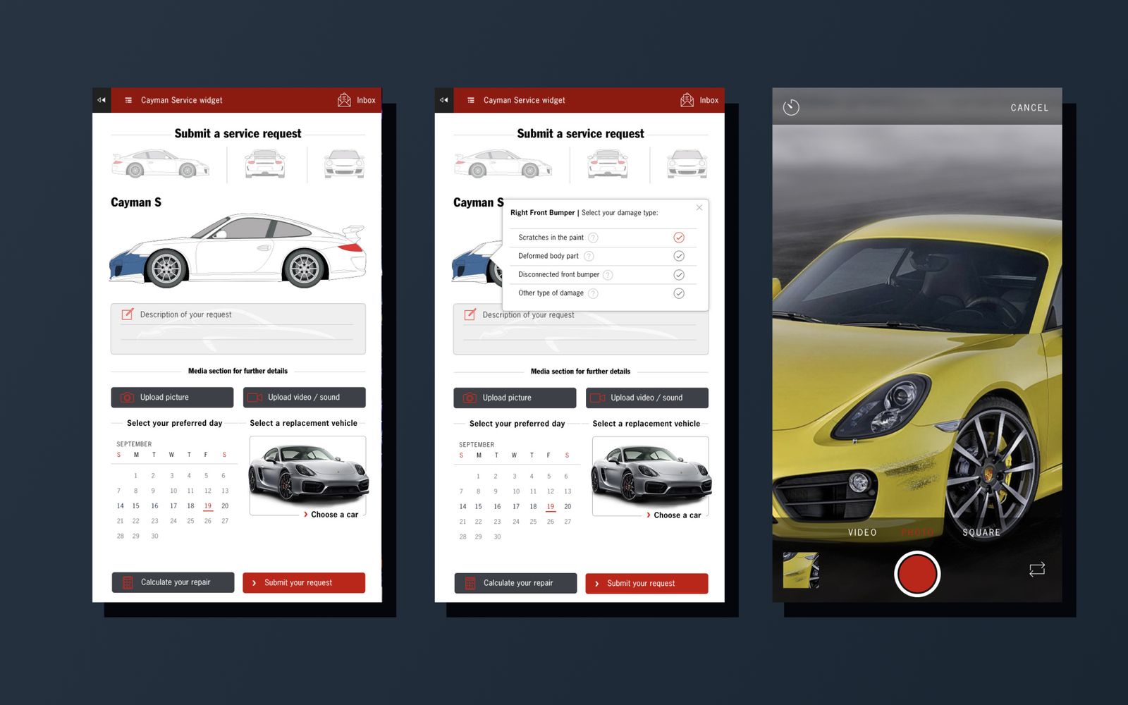 The service request flow, selecting the damaged part, describing it, picking a day and a replacement car, and filming the damage