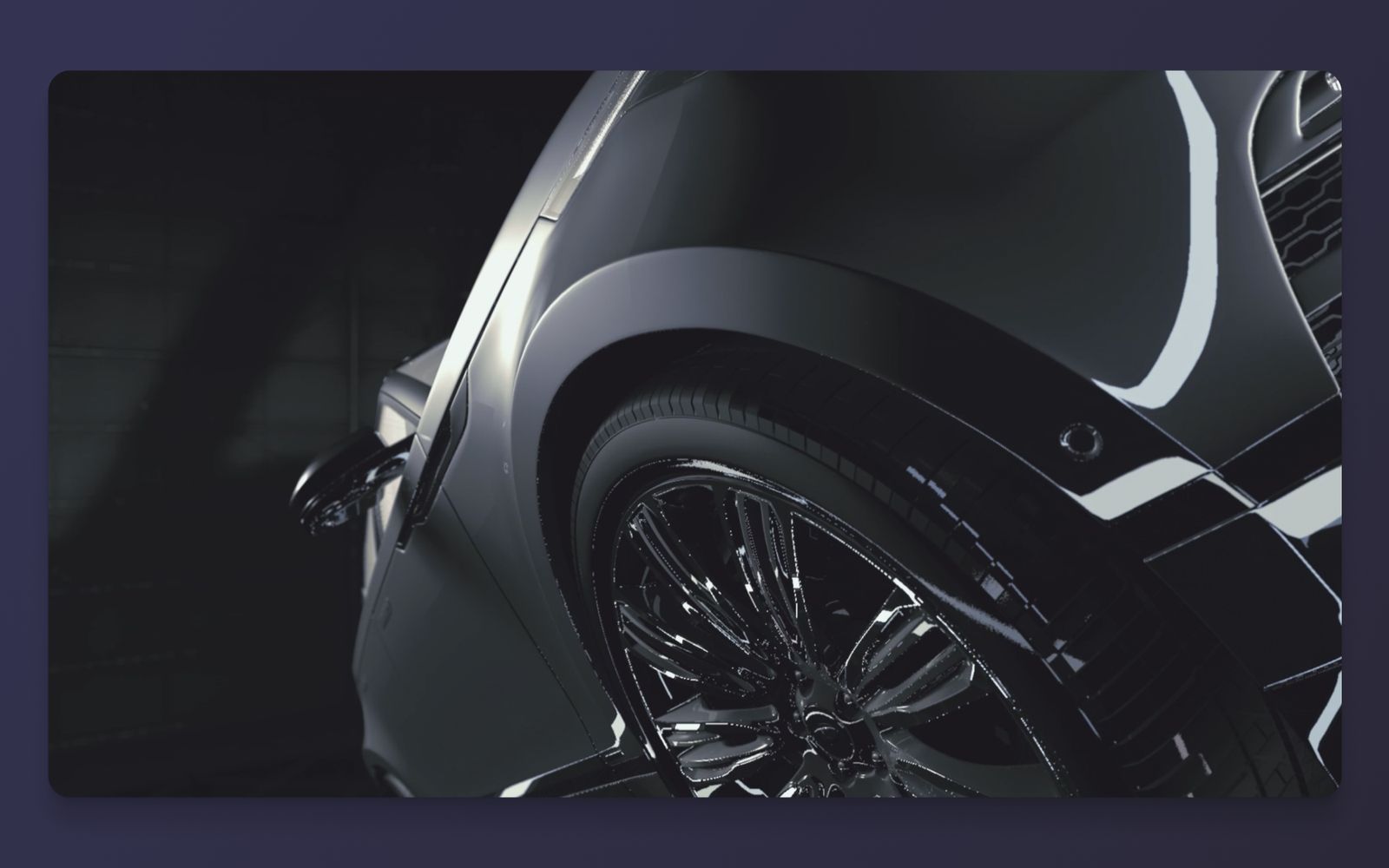 A close rendered frame of the wheel arch and wheel, lit by the moving rings