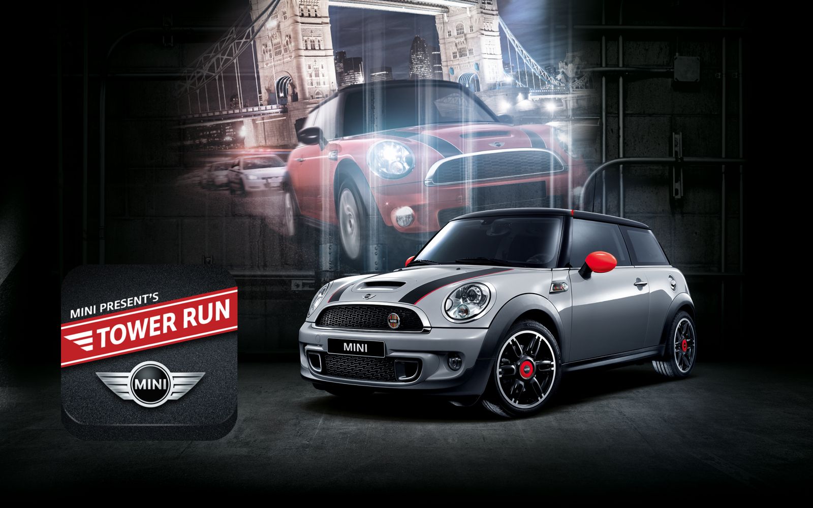 The Tower Run app icon beside a MINI John Cooper Works