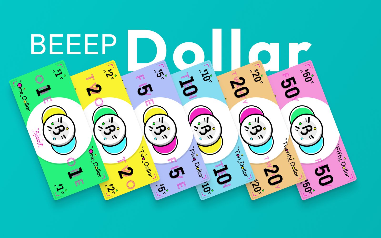 Beeep play money in six colourful denominations from one to fifty dollars