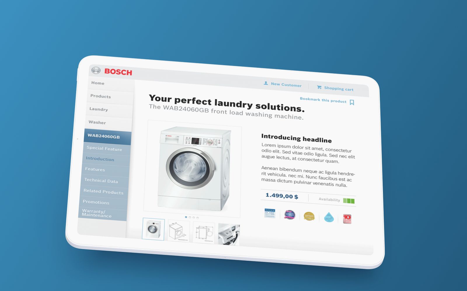 A product detail page for a washing machine with specifications and price