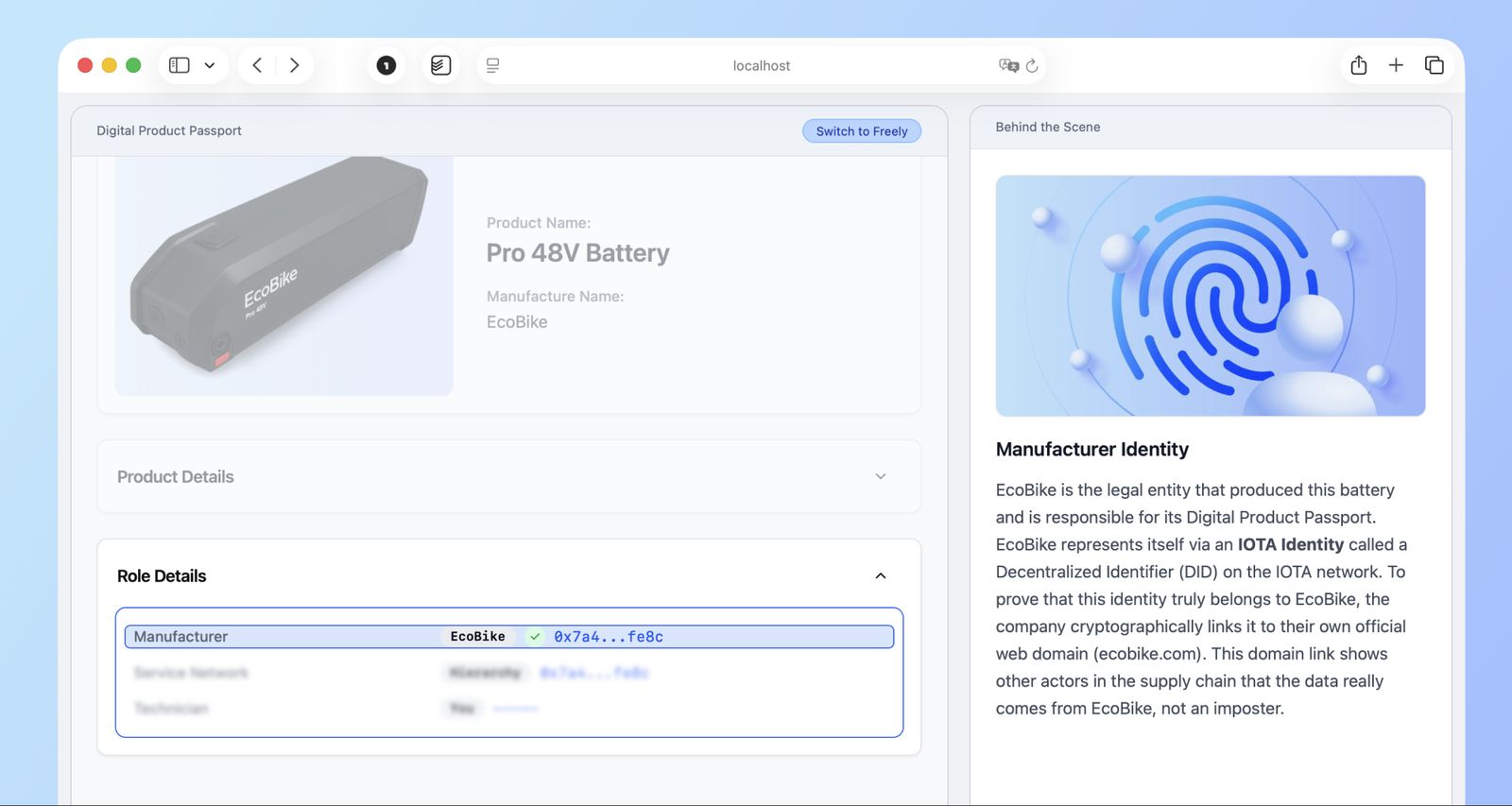 Role details showing the manufacturer, with an explanation of decentralised identifiers beside it