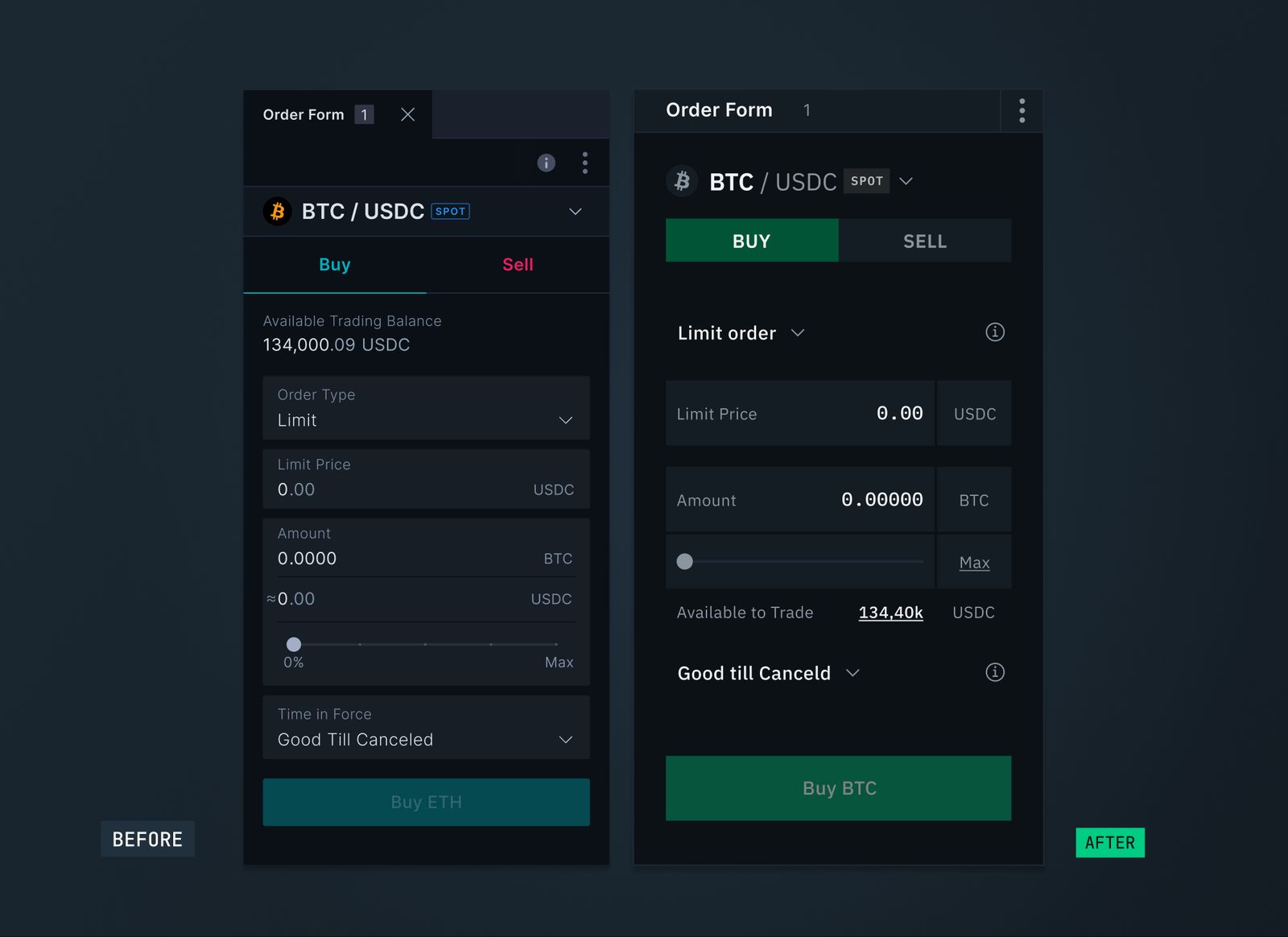The order form before and after the redesign, side by side