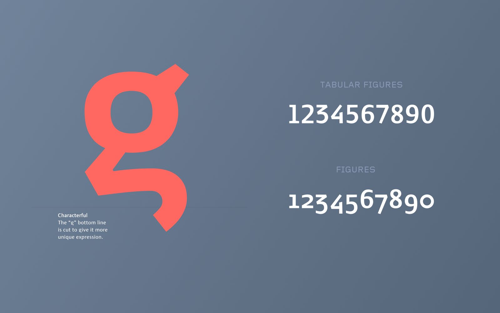 The lowercase g with its cut tail, beside tabular and old style figures