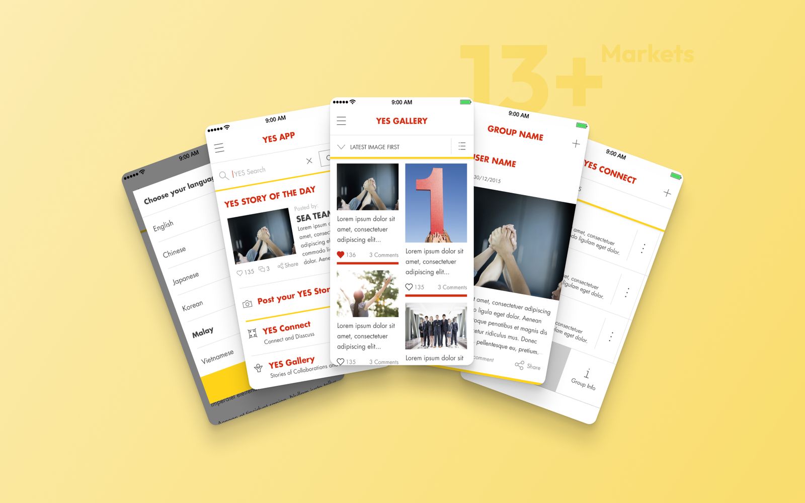 App screens shown across languages, over the figure 13+ markets