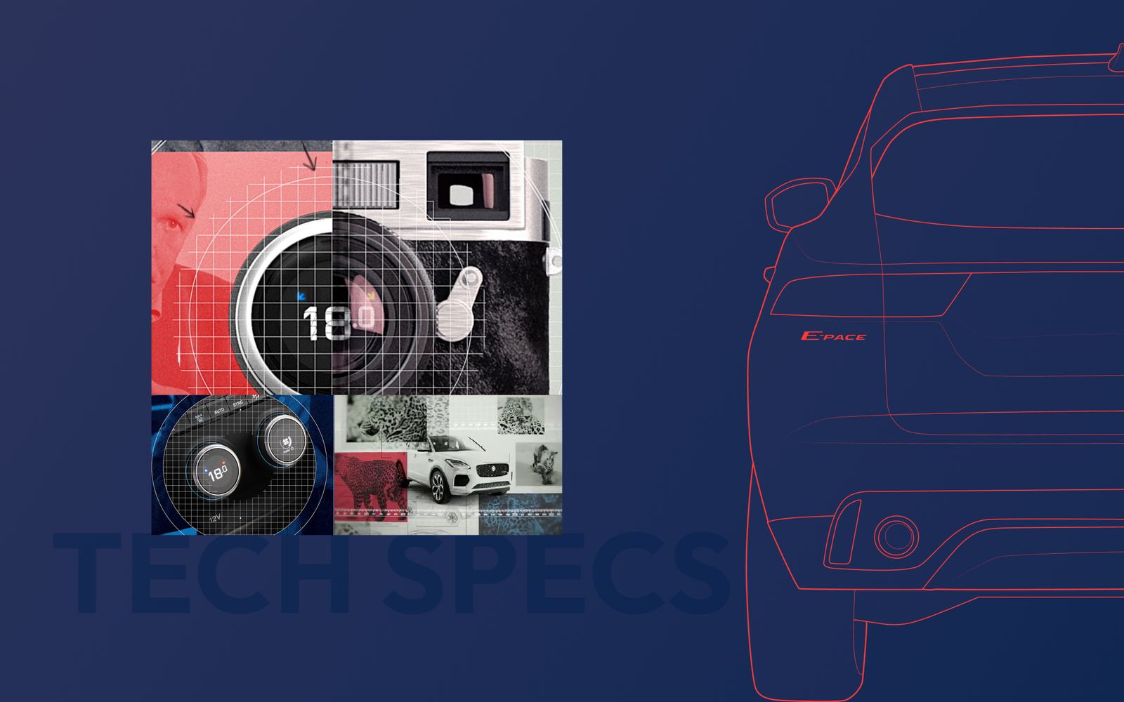 The tech specs visual, a collage of instruments, details and textures on a dark blue ground